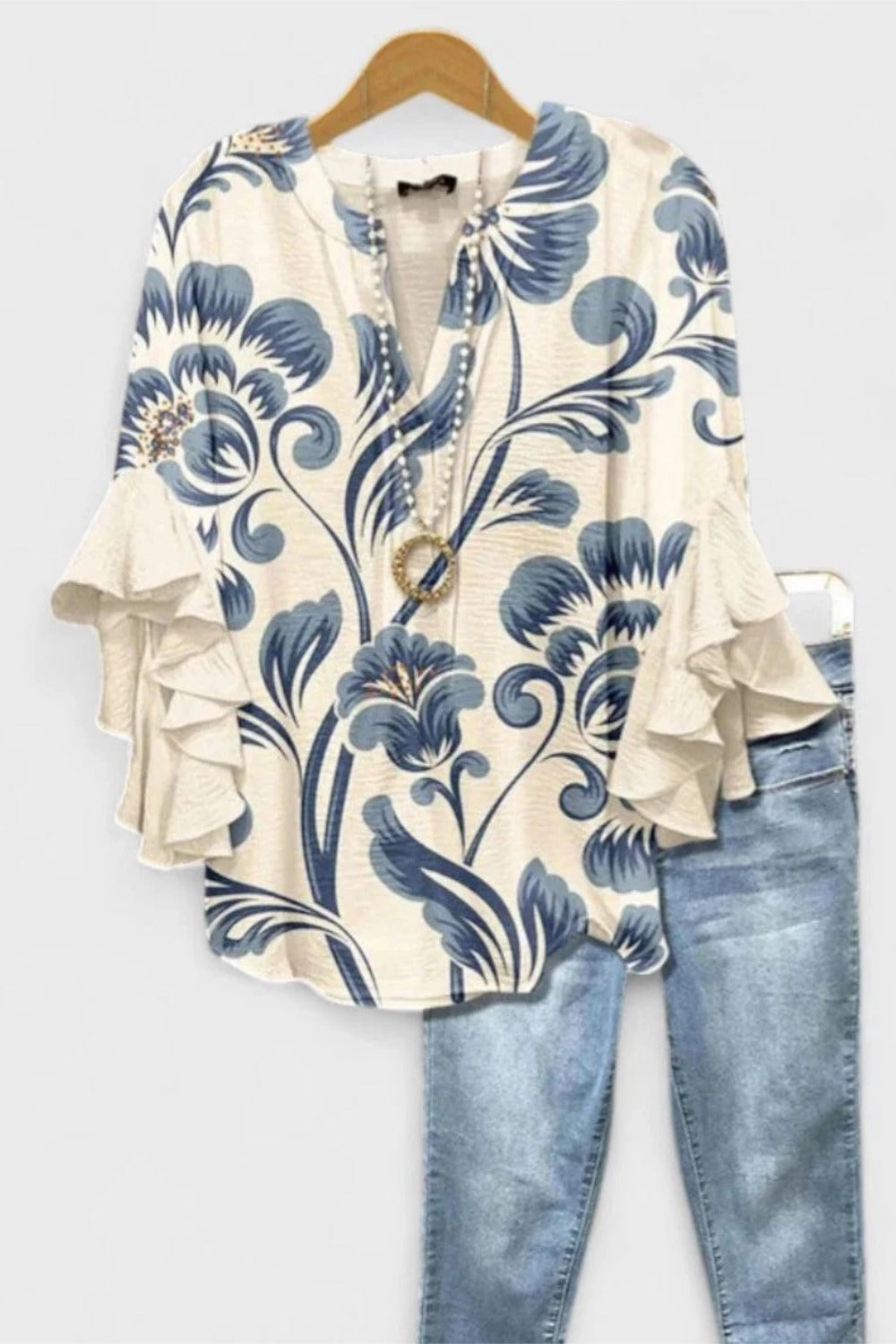 Women's V-Neck 3/4 Sleeve Light Blue Floral Casual Blouse