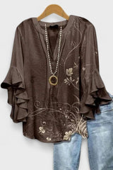 Women's Brown Floral Casual V-Neck 3/4 Sleeve Blouse