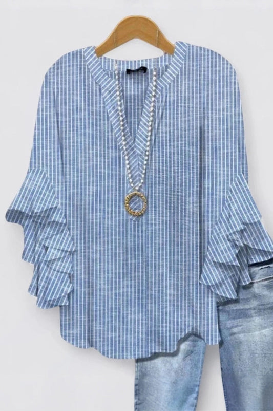 Women's Blue Stripe Casual V-Neck 3/4 Sleeve Blouse