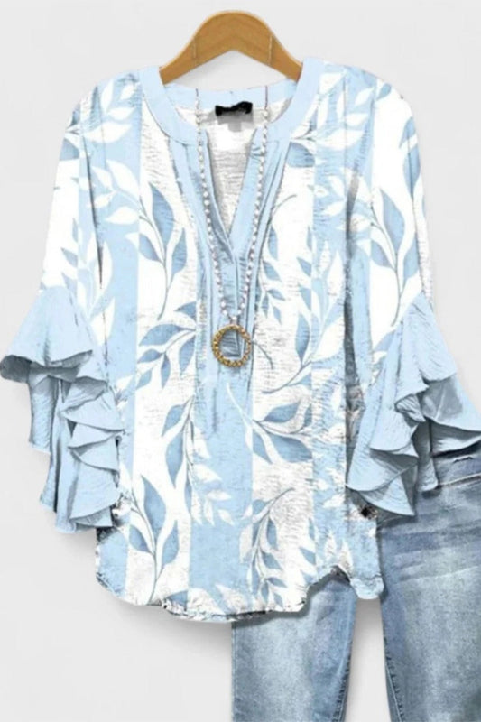 Women's Light Blue Floral Casual V-Neck 3/4 Sleeve Blouse