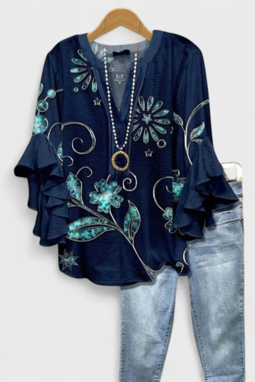 Women's Dark Blue Floral Casual V-Neck 3/4 Sleeve Blouse