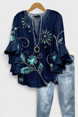 Women's Dark Blue Floral Casual V-Neck 3/4 Sleeve Blouse