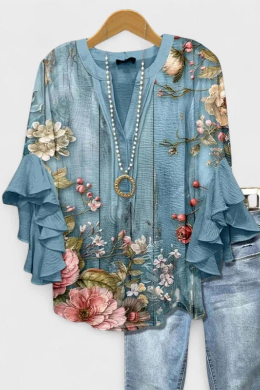 Women's Multicolor Floral Casual V-Neck 3/4 Sleeve Blue Blouse