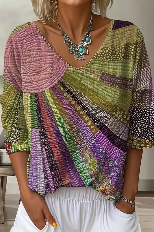 Casual Purple Print V-neck Long Sleeve Loose Tops