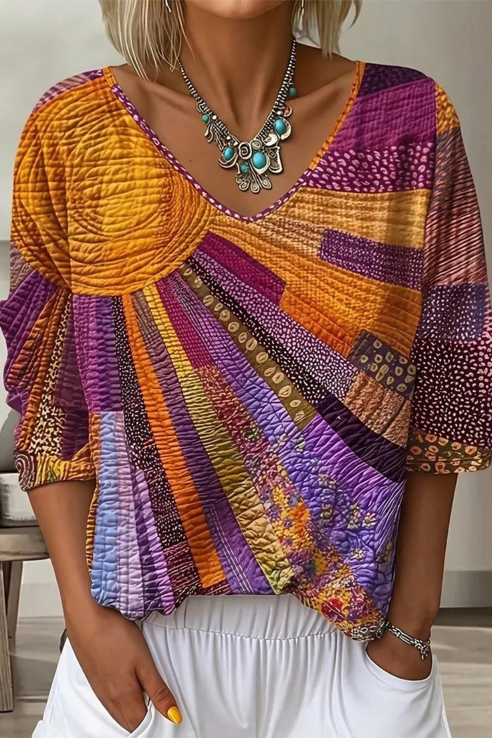 Casual Orange Print V-neck Long Sleeve Loose Tops