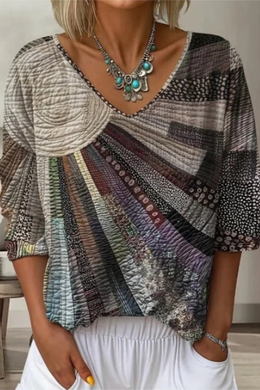 Casual Black Print V-neck Long Sleeve Loose Tops