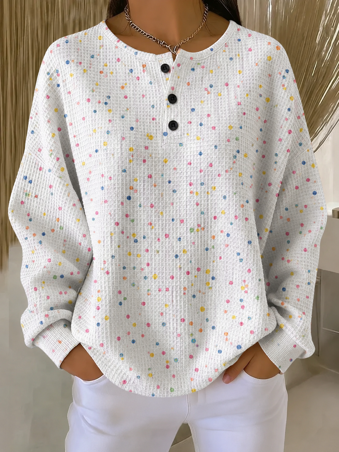 Womens Colorful Dot Art Pattern Print Casual Waffle Loose Cozy Sweatshirt