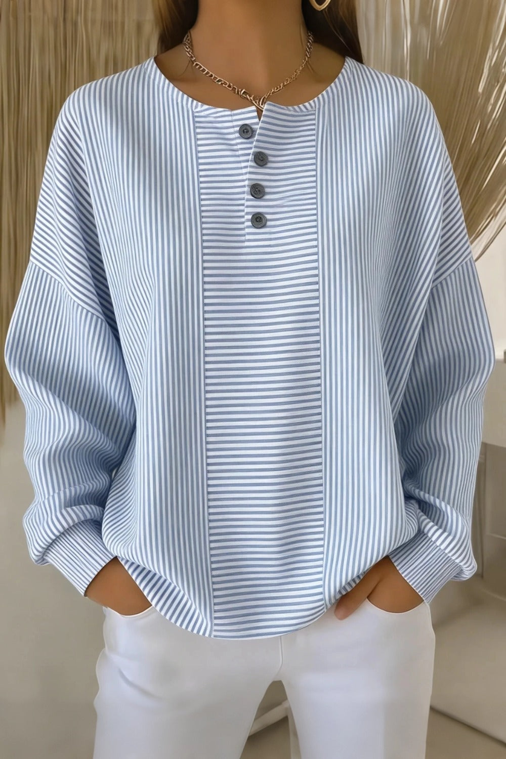 Casual Striped Printing Loose Cozy Waffle Sweatshirt