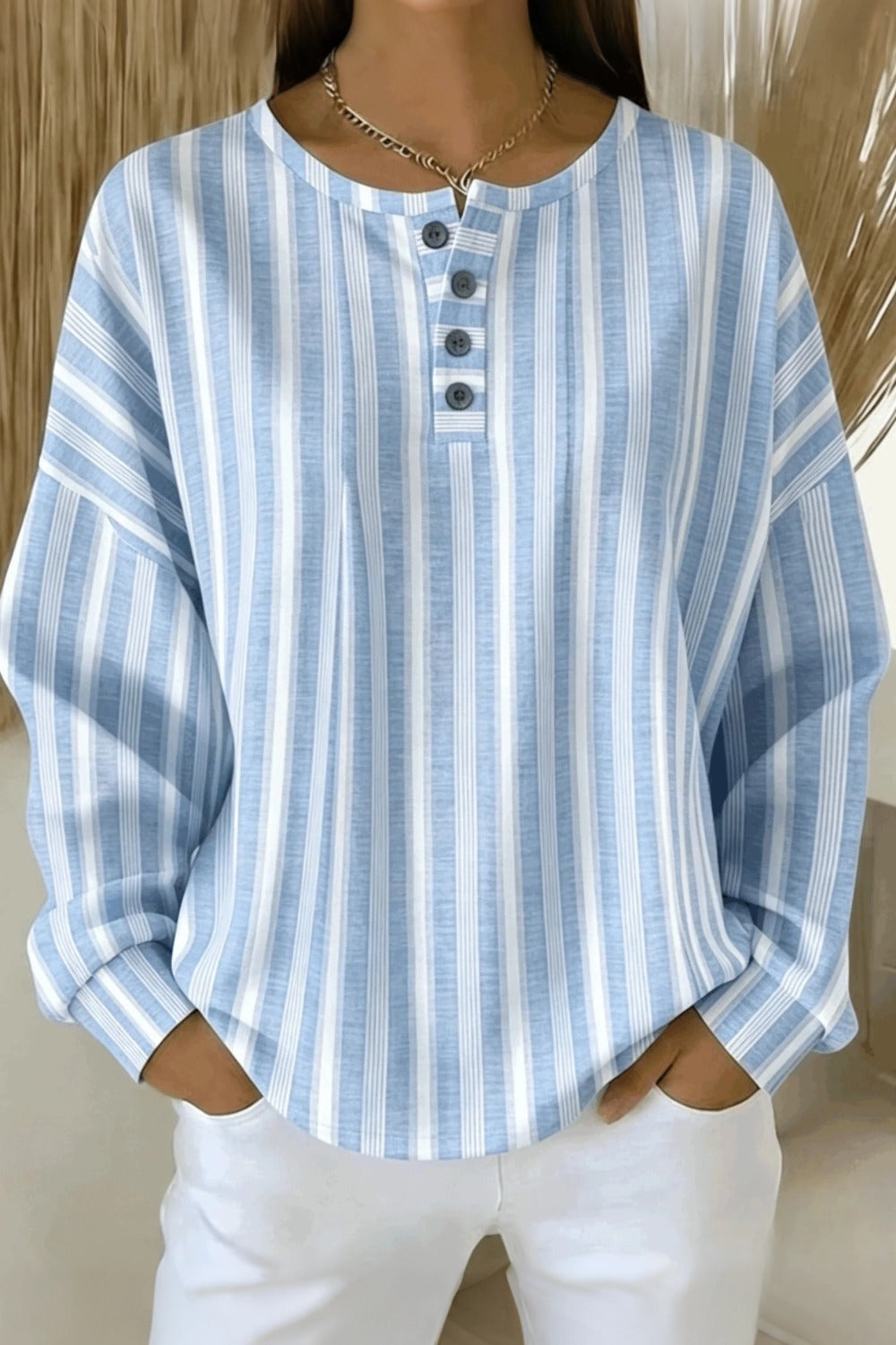 Casual Henley Collar Striped Waffle Sweatshirt