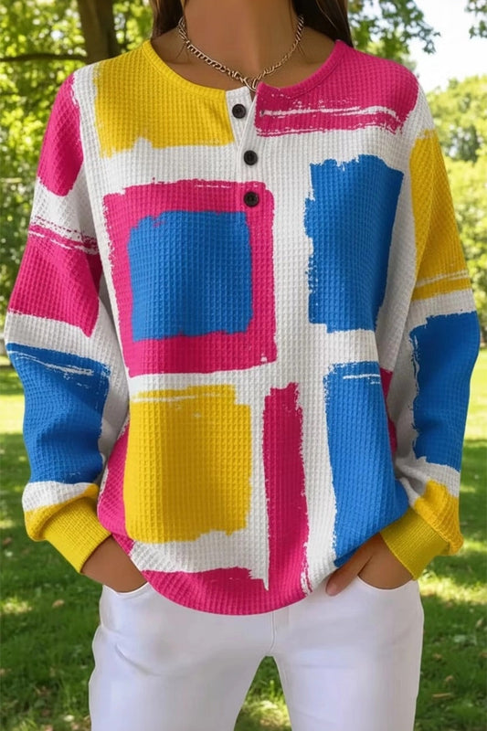 Casual Henley Collar Multicolor Block  Waffle Sweatshirt