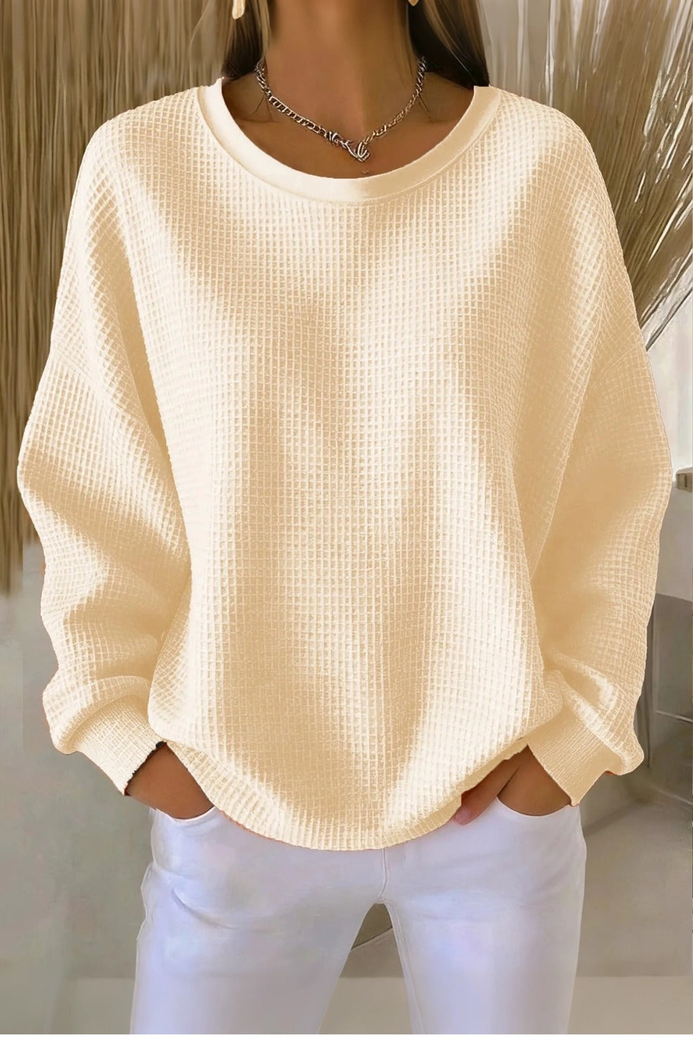 Women's  Casual Plain Crew Neck Waffle Sweatshirt