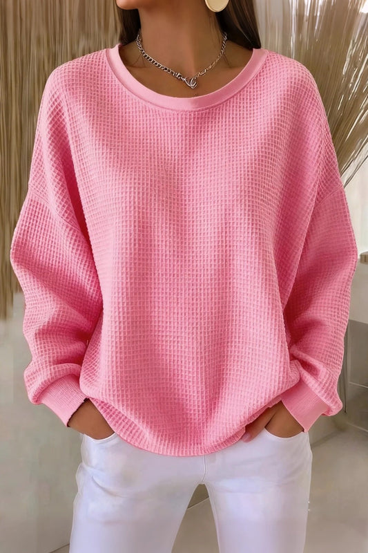 Women's  Casual Plain Crew Neck Waffle Sweatshirt