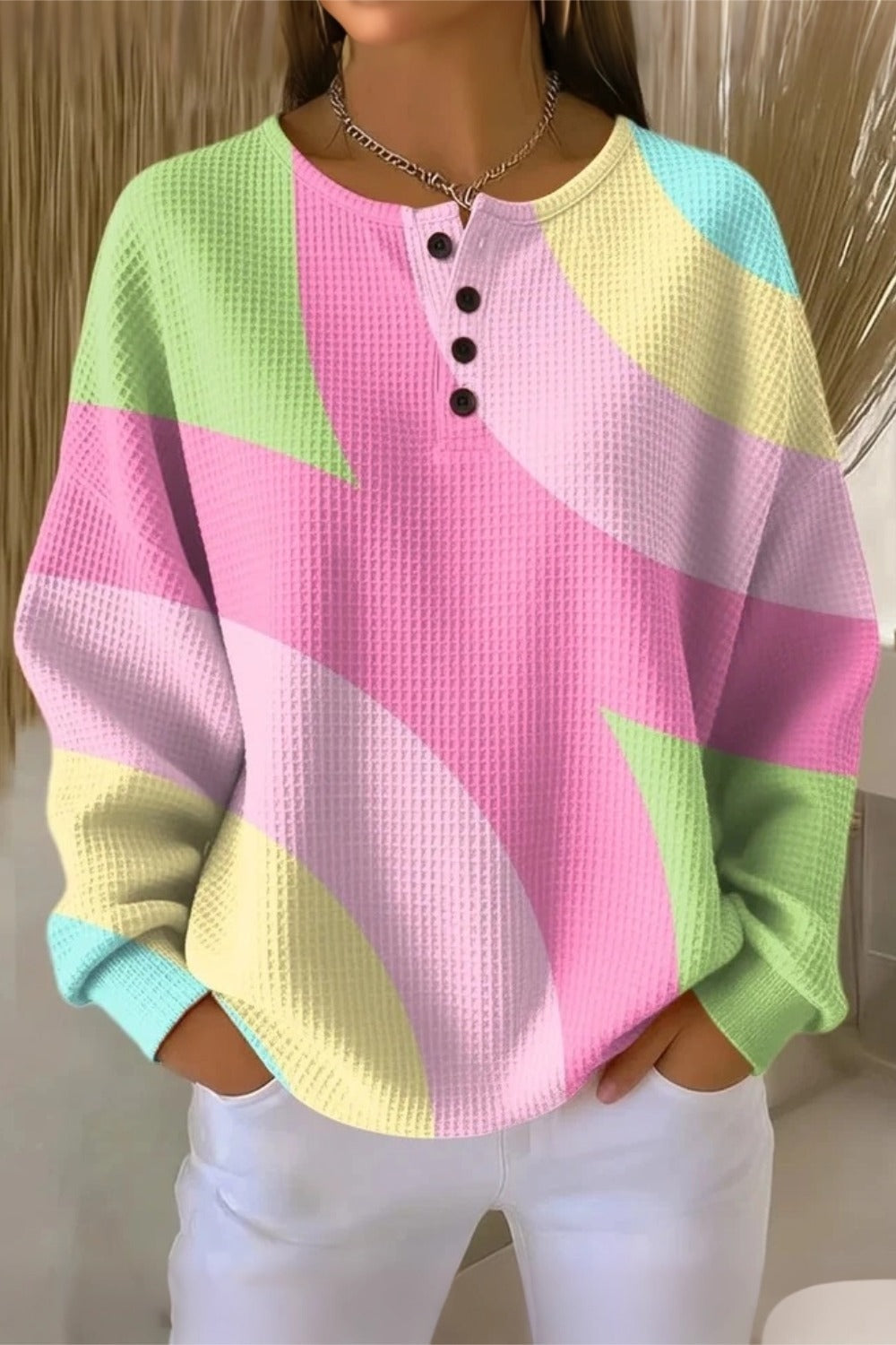 Women's  Casual Crew Neck Abstract Waffle Sweatshirt