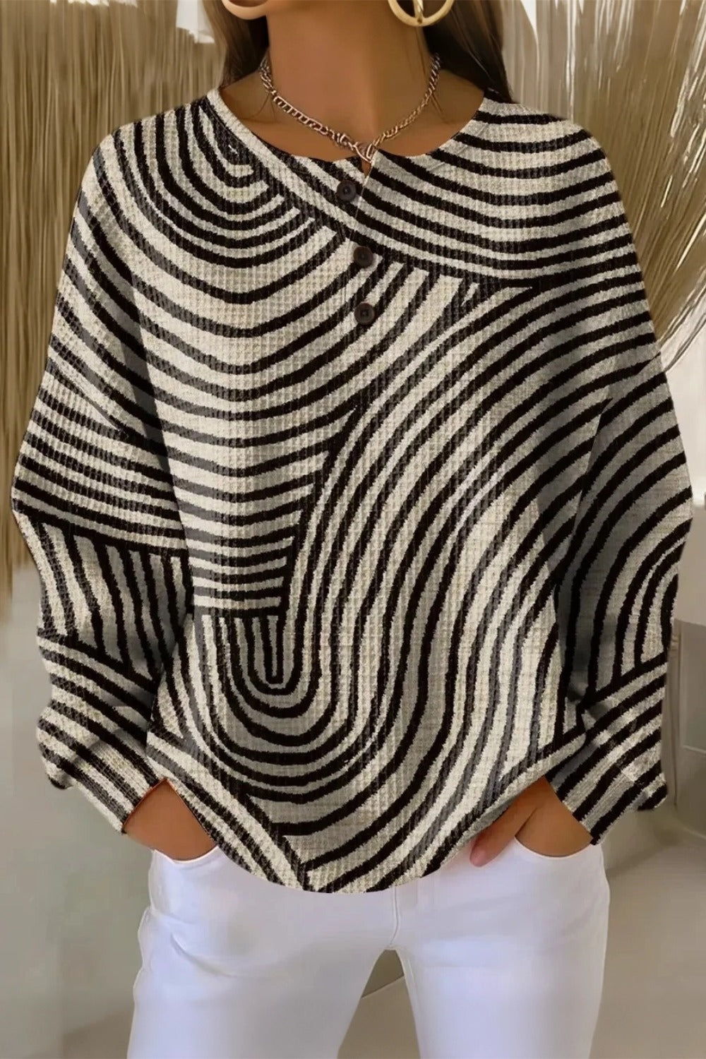 Women's Casual Crew Neck Abstract Printing Waffle Sweatshirt