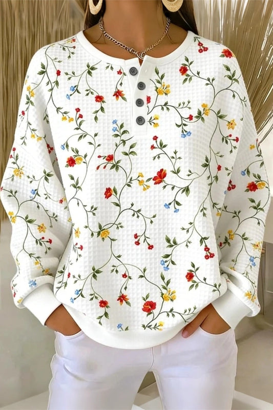 Womens Casual Floral Print Waffle Loose Cozy Sweatshirt