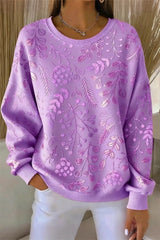 Womens Casual Crew Neck Floral Printing Waffle Loose Cozy Sweatshirt