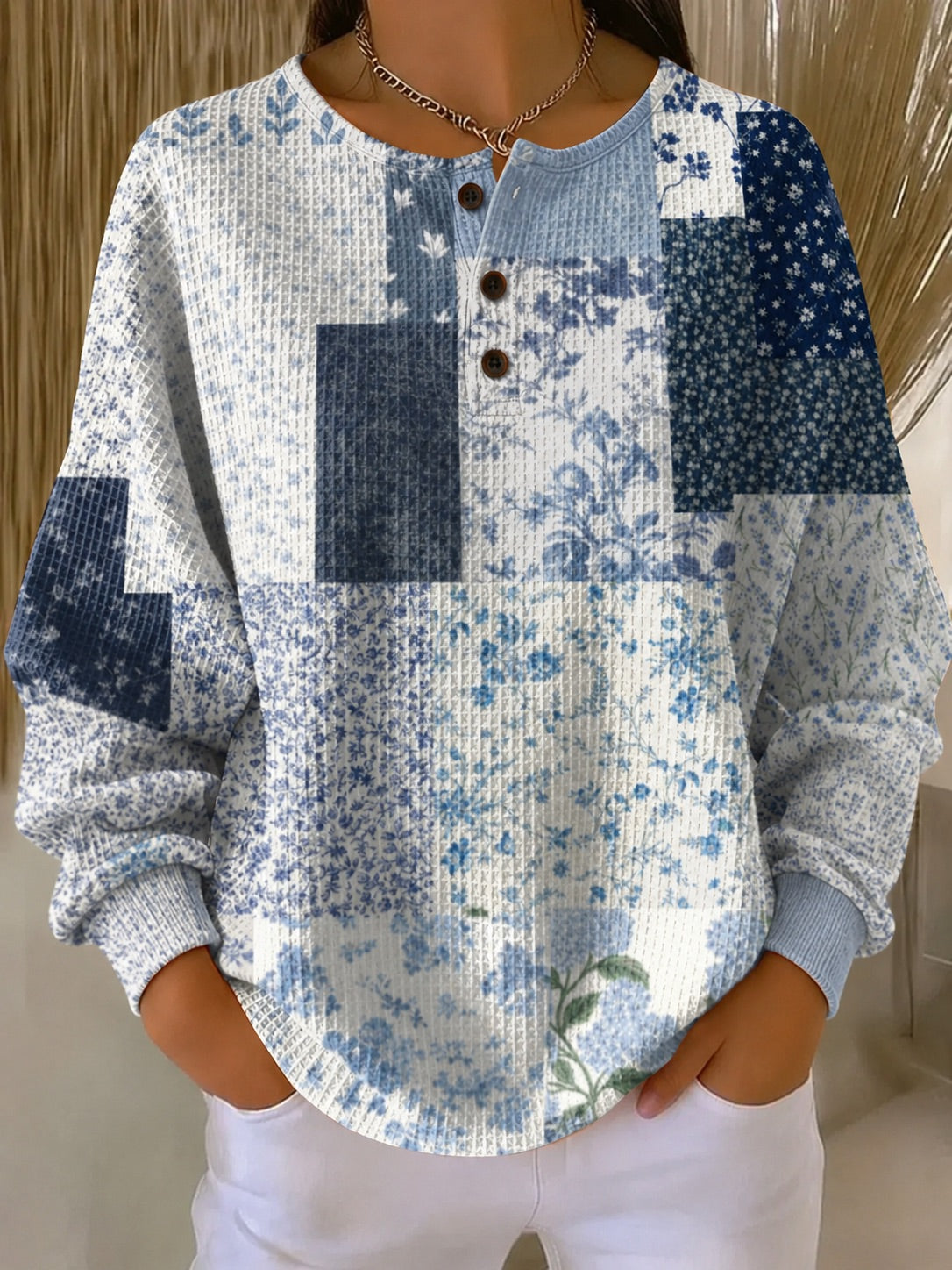 Women's Patchwork Small Floral Art Pattern Print Casual Waffle Cotton Sweatshirt