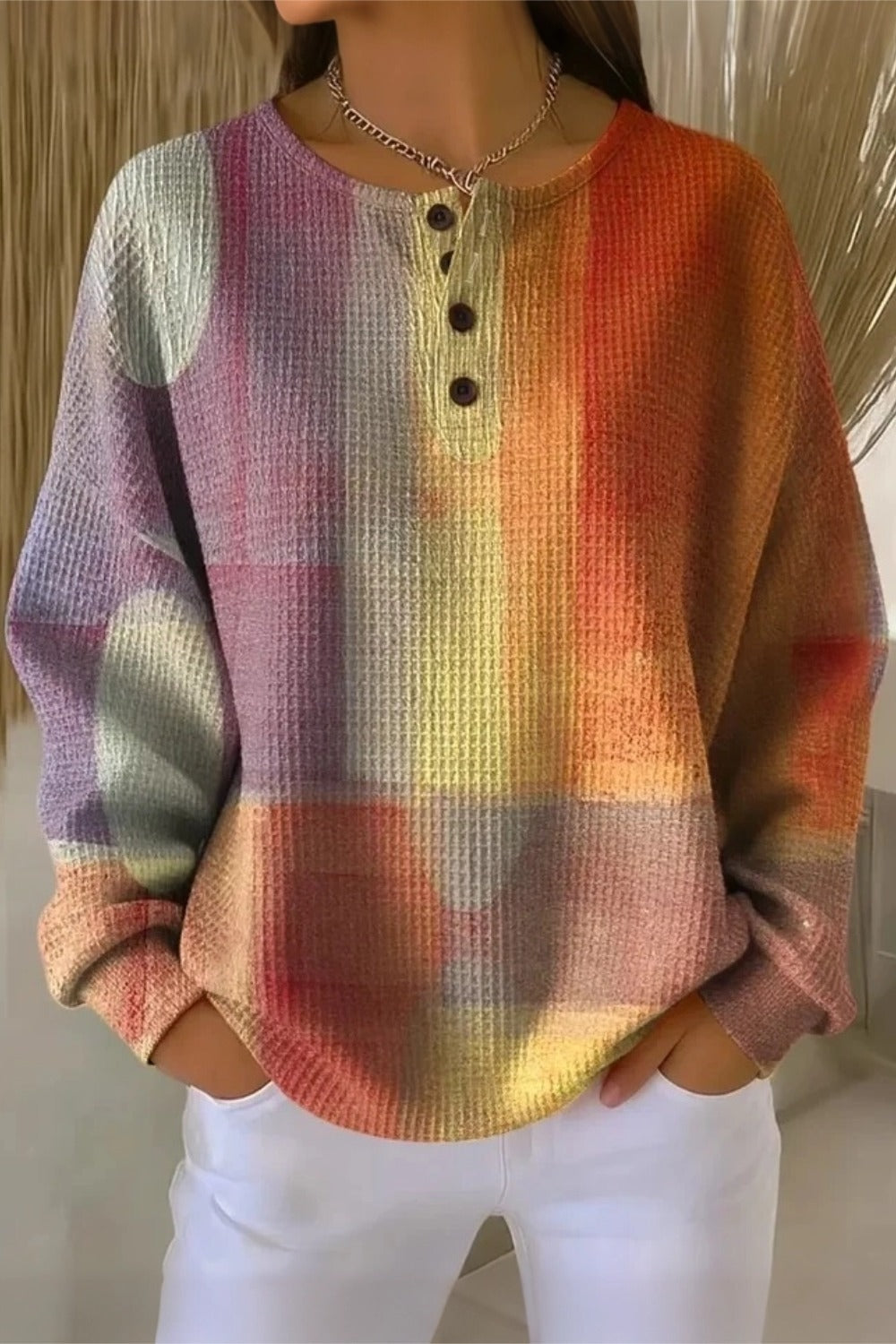 Women's Casual Crew Neck Abstract Printing Casual Waffle Cotton Sweatshirt