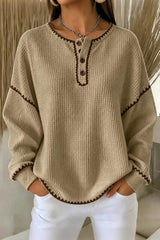 Women Casual Color Block Henley Collar Long Sleeve Sweatshirt