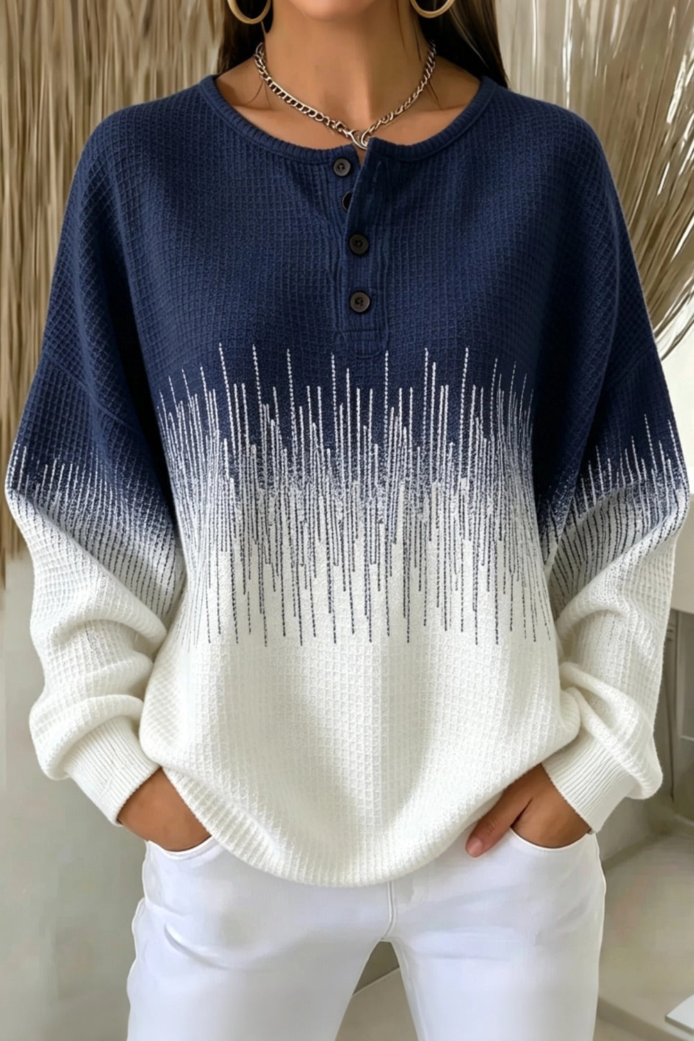 Women Casual Abstract Henley Collar Long Sleeve Sweatshirt