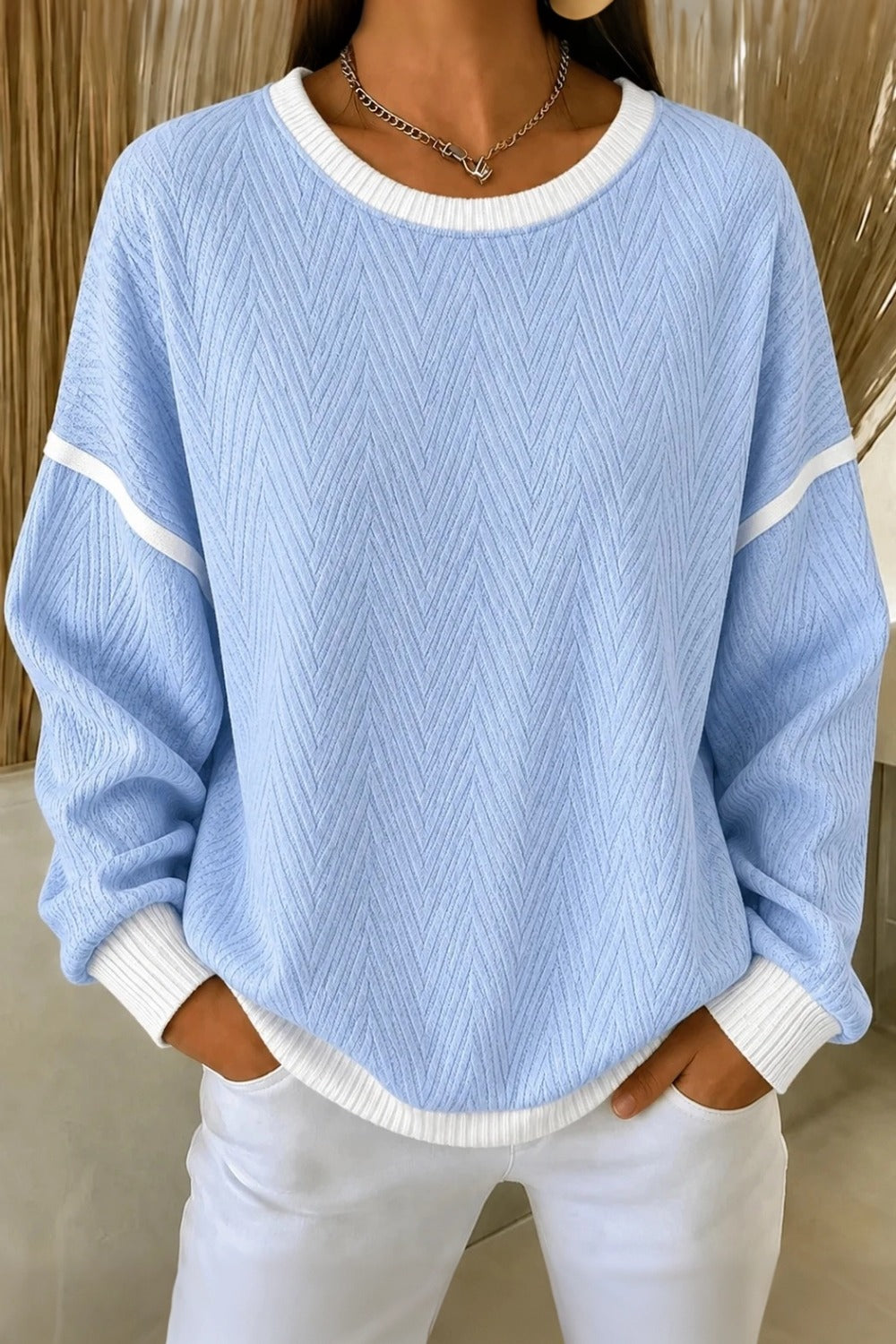 Women Casual Geometric Crew Neck Long Sleeve Blue Sweatshirt