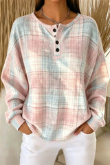 Women Casual Plaid Henley Collar Long Sleeve Sweatshirt
