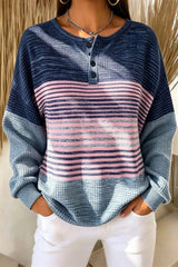 Women Casual Striped Henley Collar Long Sleeve Sweatshirt