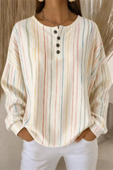 Women Casual Striped Henley Collar Long Sleeve Sweatshirt