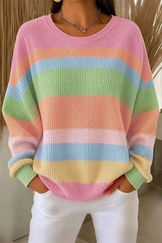 Women Casual Striped Crew Neck Long Sleeve Sweatshirt