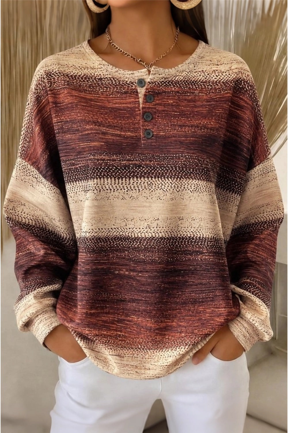 Women Casual Geometric Henley Collar Long Sleeve Sweatshirt