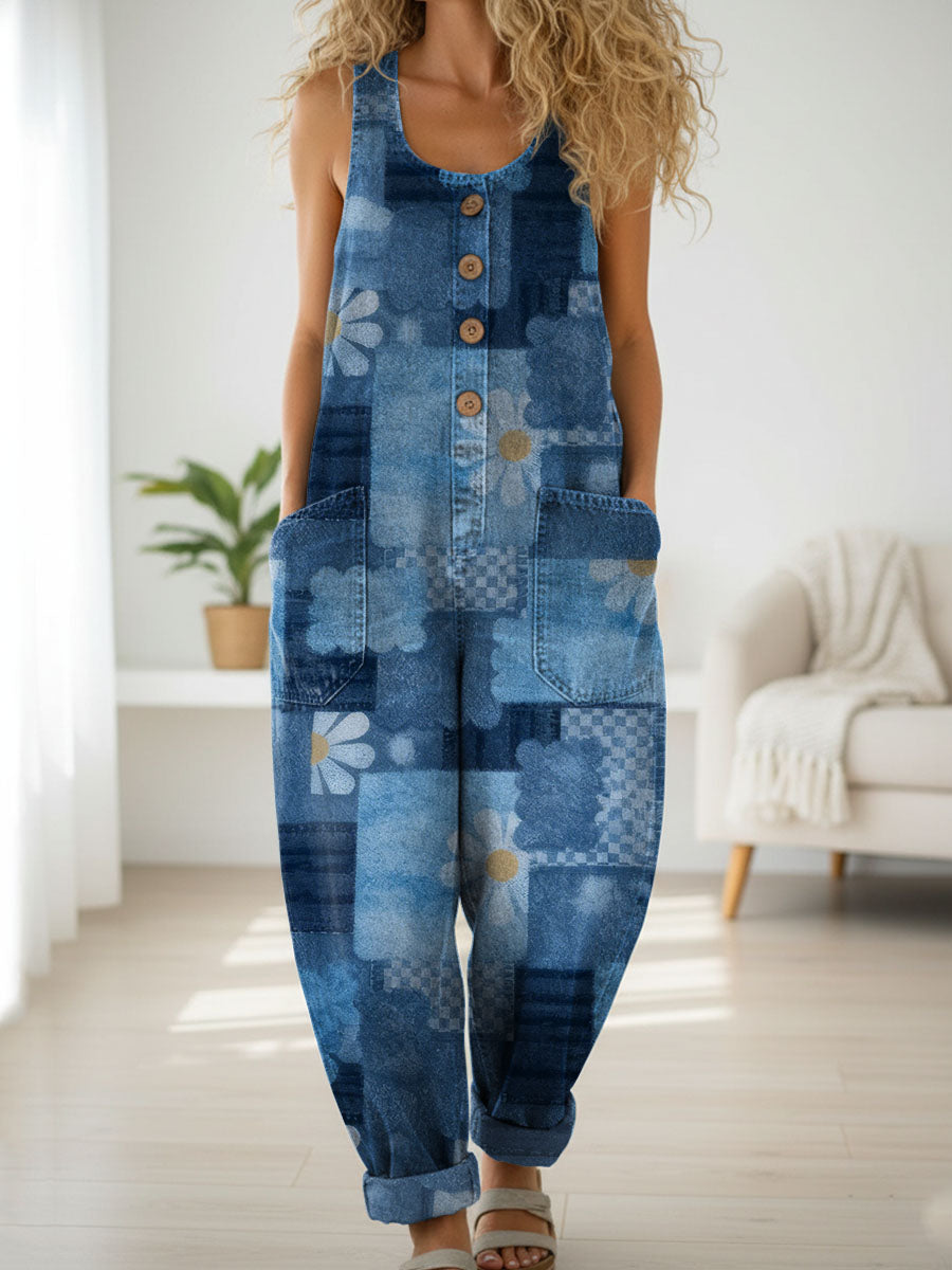 Women's Patchwork Pattern Print Casual Denim Jumpsuit