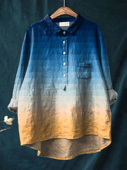 Women's Blue Yellow Ocean Sunset Art Mosaic Gradient Art Print Casual Cotton And Linen Shirt