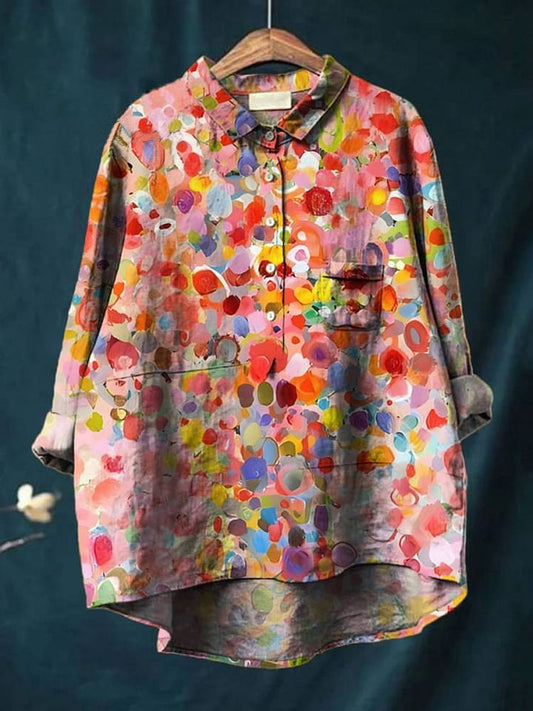Women's Retro  Polka Dots Art  Print Casual Cotton And Linen Shirt