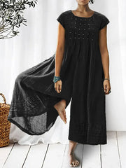 Women's Solid Color Art Casual Short Sleeve Cotton Linen Jumpsuit
