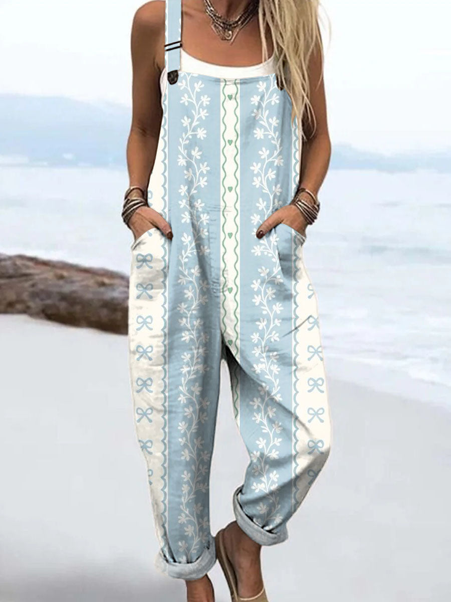 Women's Blue Art Creative Bow Flower Print Casual 100% Cotton Wide Leg Jumpsuit