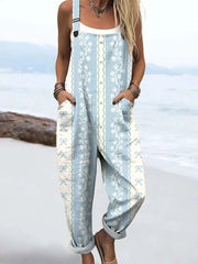 Women's Blue Art Creative Bow Flower Print Casual 100% Cotton Wide Leg Jumpsuit