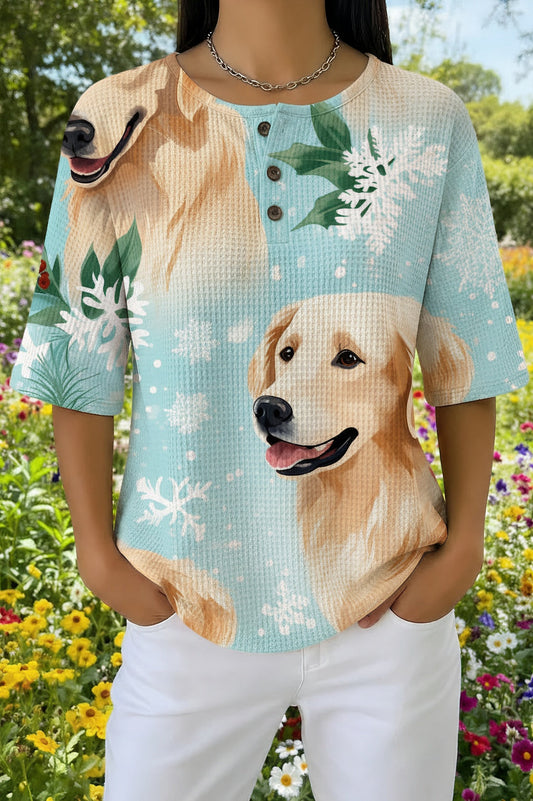 Womens Light Blue Labrador Floral Print Casual Waffle Cotton Shirt