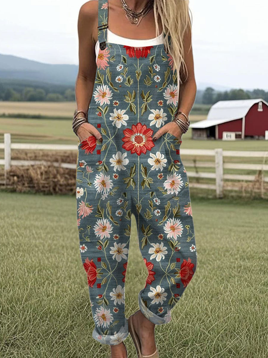 Women's  Vintage Flower Art Print Casual Cotton Wide Leg Jumpsuit