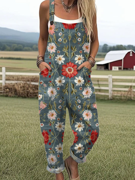 Women's  Vintage Flower Art Print Casual Cotton Wide Leg Jumpsuit