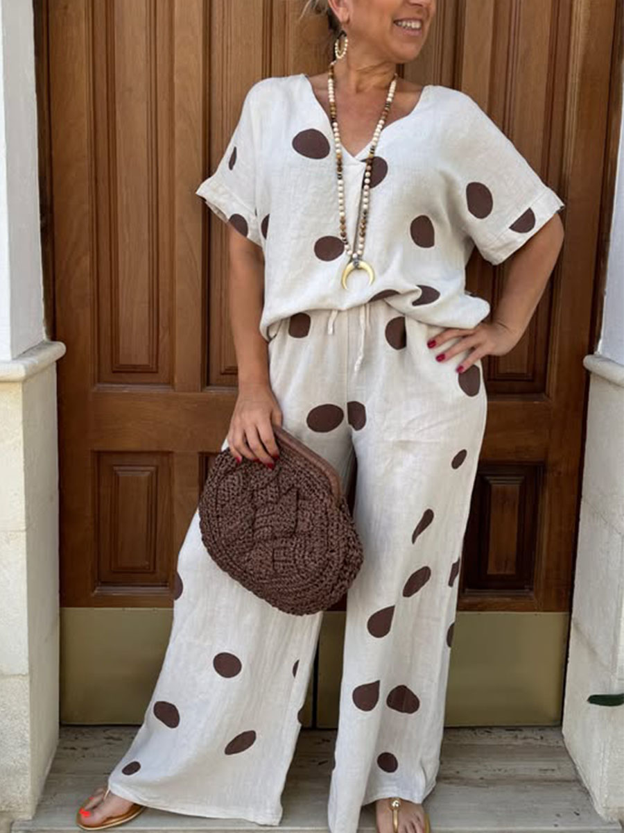 Women's Polka Dot Print Casual Cotton-linen Two-piece Set