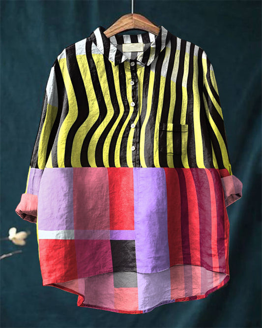 Vintage Abstract Color Block Art Print Cotton and Linen Shirt