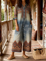 Women's Vintage Bohemian Art Print Casual Washed Cotton linen Denim Jumpsuit