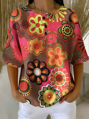 Women's Vintage Hippie Flowers Pattern Printed Casual Cotton Waffle Knit Sweatshirt