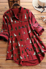 Cartoon Cat Print Buttons Long Sleeves Blouse