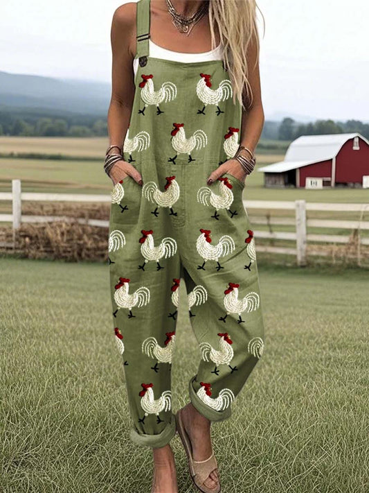 Women's Lovely Chicken Art Print Casual Cotton Wide Leg Jumpsuit