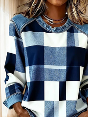 Women Abstract Plaid Crew Neck Long Sleeve Vintage Daily Fall Sweatshirt