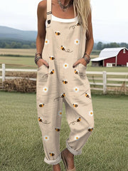 Women's Bee Art Print Casual Cotton Wide Leg Jumpsuit