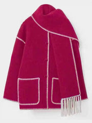 Women's Thickened Loose Woolen Coat with Scarf and Tassels