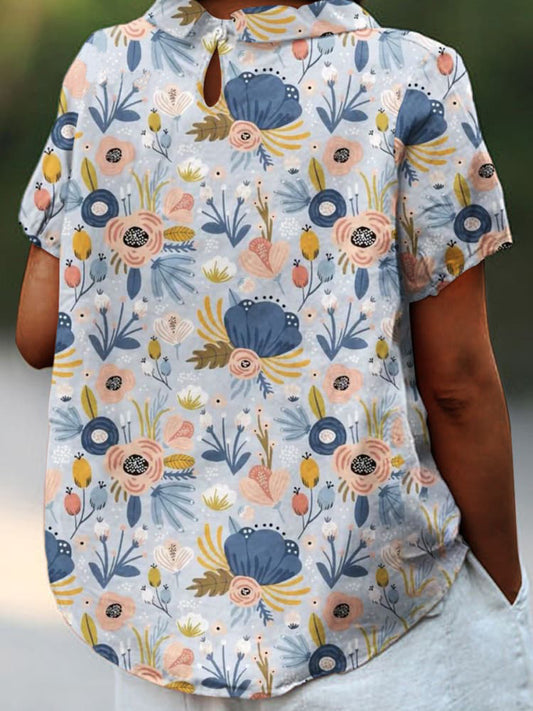 Women's  Flower  Art Print Casual Cotton And Linen Shirt