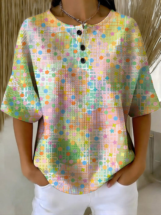 Women's Vintage Colorful Polka Dots Pattern Printed Casual Cotton Waffle Knit Sweatshirt